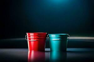 two red and blue buckets on a dark table. AI-Generated photo