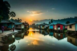 the sun sets over a river and houses in the background. AI-Generated photo