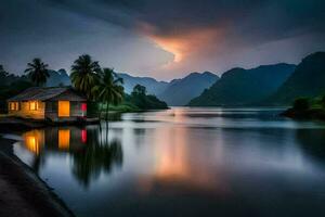 a small hut sits on the shore of a lake at sunset. AI-Generated photo