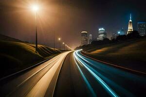 a long exposure photograph of a city at night. AI-Generated photo