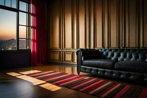 a black leather couch in front of a window. AI-Generated photo