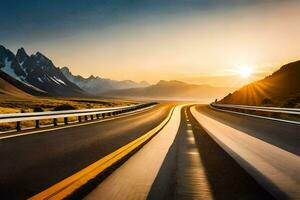 the sun is setting over a highway in the mountains. AI-Generated photo