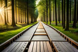 a wooden walkway in the middle of a forest. AI-Generated photo