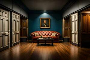 the room has a leather couch and a painting on the wall. AI-Generated photo