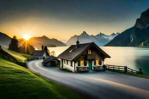 un casa en el lado de un montaña con vista a un lago. generado por ai foto