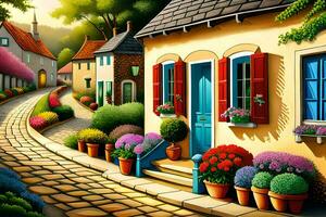 a painting of a street with flowers and potted plants. AI-Generated photo