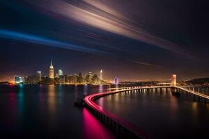 el ciudad horizonte a noche con largo exposición. generado por ai foto