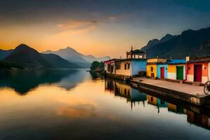 a boat is docked in front of a colorful house at sunset. AI-Generated photo