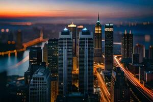 un ciudad horizonte a oscuridad con luces en el edificios generado por ai foto