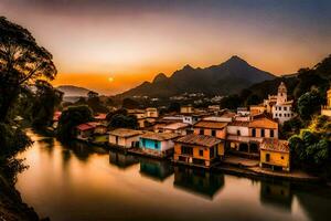 un río carreras mediante un pueblo a puesta de sol. generado por ai foto