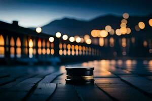 a camera lens sits on a wooden floor at night. AI-Generated photo