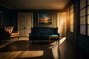 a room with a couch and chair in front of a window. AI-Generated photo