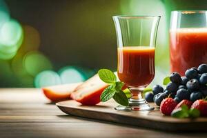 a glass of juice and berries on a wooden table. AI-Generated photo