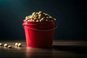 a red bucket filled with peanuts on a dark table. AI-Generated photo