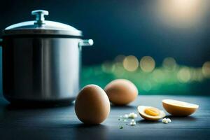 a pan with eggs and a pot on a table. AI-Generated photo