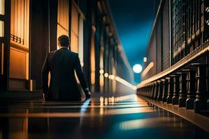 a man in a suit is walking down a hallway. AI-Generated photo