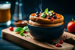a bowl of pizza with tomatoes and cheese on top. AI-Generated photo