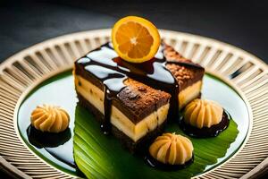 a piece of cake with chocolate and orange slices. AI-Generated photo