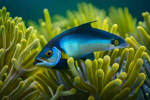 a blue and yellow fish in an anemone. AI-Generated photo