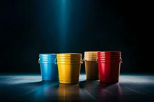 four colorful buckets on a dark background. AI-Generated photo