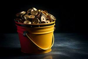 a bucket filled with coins on a dark background. AI-Generated photo