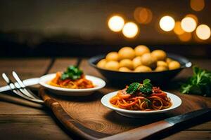 spaghetti with meatballs and bread on a wooden table. AI-Generated photo