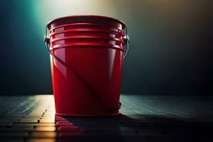 a red bucket sitting on a dark floor. AI-Generated photo
