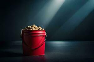 a red bucket filled with peanuts on a dark table. AI-Generated photo