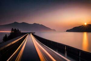 a long exposure photograph of a road with a train passing by. AI-Generated photo