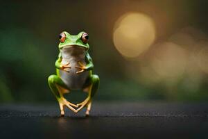 a frog is standing on its hind legs. AI-Generated photo