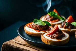 small appetizers on a plate with smoke coming out of them. AI-Generated photo