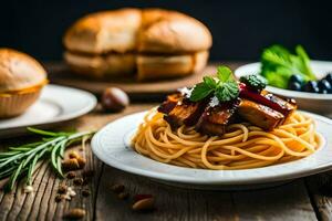 spaghetti with meat and vegetables on a plate. AI-Generated photo