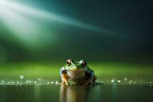 a frog sitting on the ground in the rain. AI-Generated photo