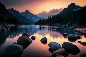 a beautiful sunset over a lake with rocks and trees. AI-Generated photo