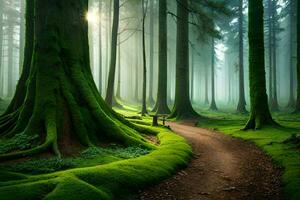 un camino mediante un verde bosque con cubierto de musgo arboles generado por ai foto