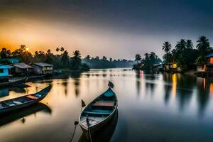 boats on the river at sunset. AI-Generated photo