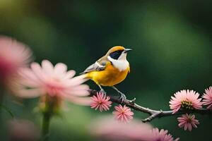 a bird sits on a branch with pink flowers. AI-Generated photo