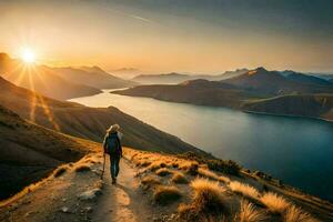 the sun rises over lake tekapo in new zealand. AI-Generated photo