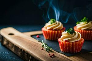 three cupcakes with cream and herbs on a wooden cutting board. AI-Generated photo