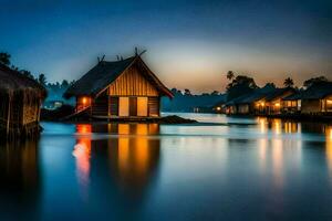 a small wooden house sits on the water at night. AI-Generated photo