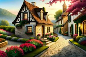 a painting of a small village with flowers and trees. AI-Generated photo