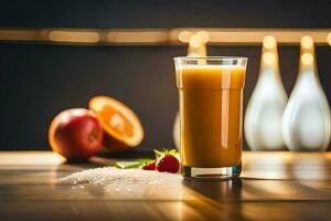 un vaso de naranja jugo con un rebanada de manzana y un fresa. generado por ai foto