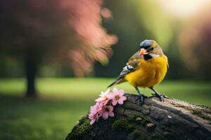un amarillo pájaro se sienta en un Iniciar sesión en un parque. generado por ai foto