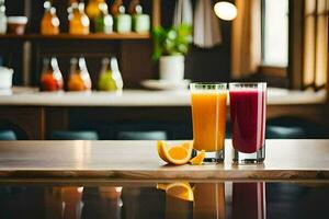 two glasses of juice on a wooden table. AI-Generated photo