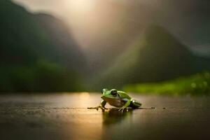 a frog sitting on the ground in front of a mountain. AI-Generated photo