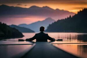 un hombre en un traje se sienta en un barco a puesta de sol. generado por ai foto