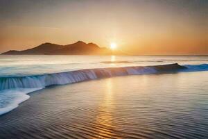 un puesta de sol terminado el Oceano con olas estrellarse dentro el costa. generado por ai foto