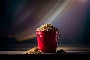 a red bucket filled with sand sits on a wooden table. AI-Generated photo