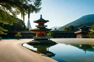 a pagoda sits in the middle of a pond with mountains in the background. AI-Generated photo