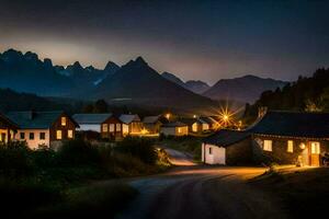 photo wallpaper the sky, mountains, road, houses, the night, the mountains, the village. AI-Generated